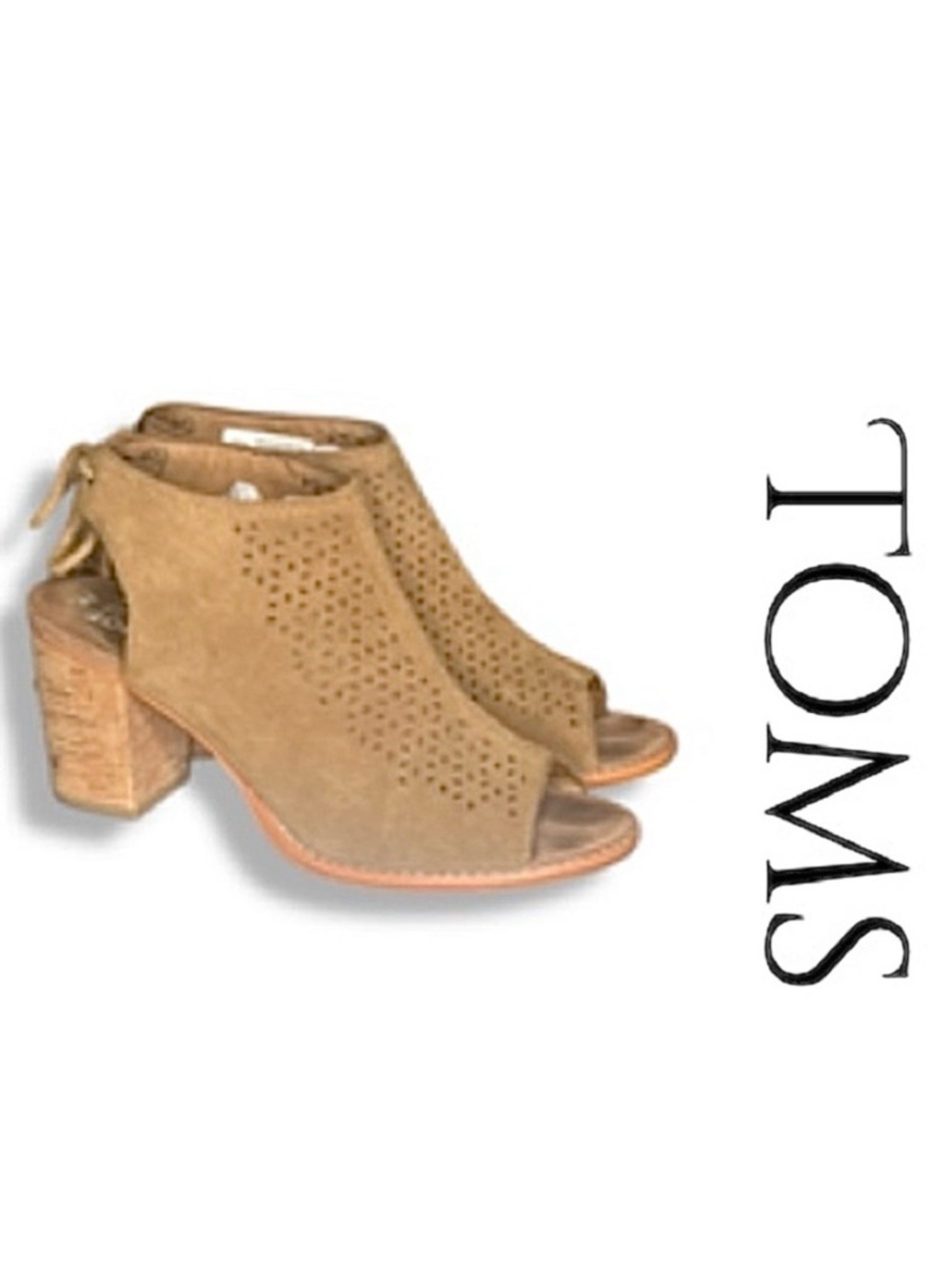 TOMS Elba Cork Heeled Suede Ankle Sandals Camel Tan Womens Size 8 GUC!